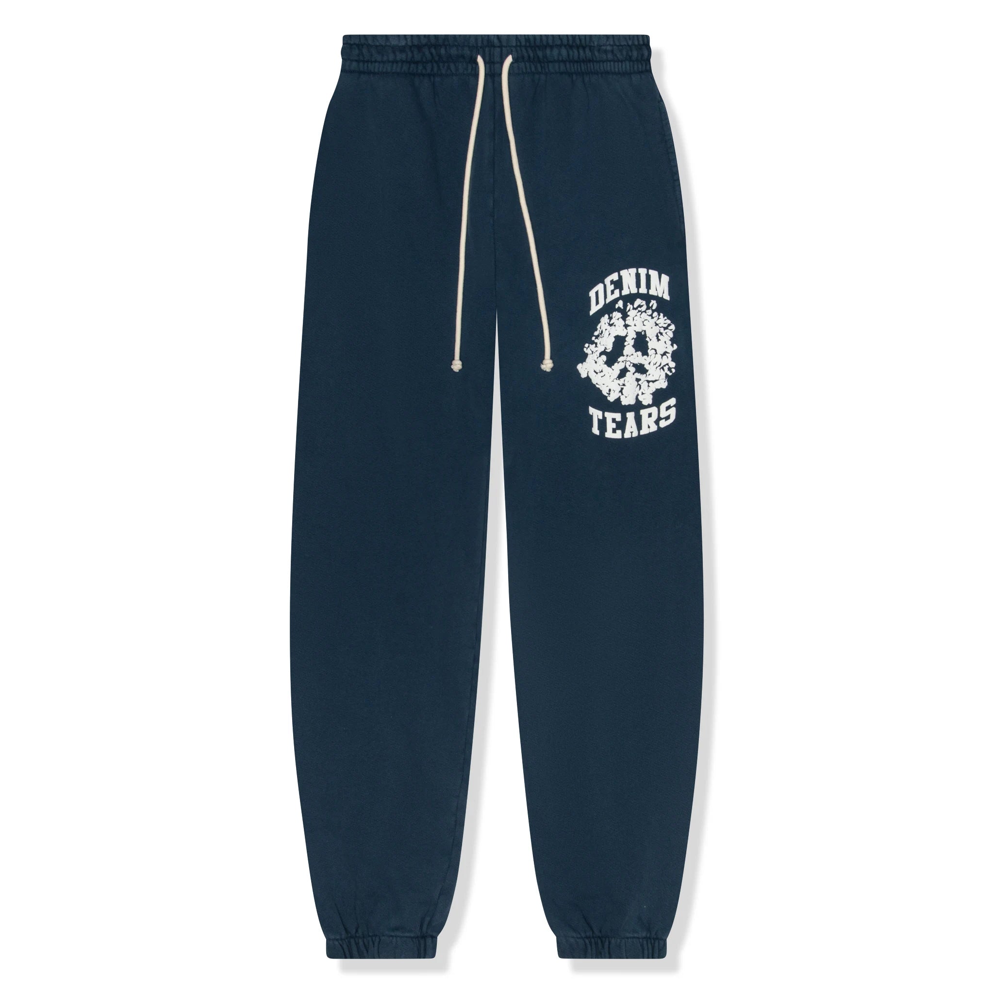 Front view of Denim Tears University Navy Sweatpants